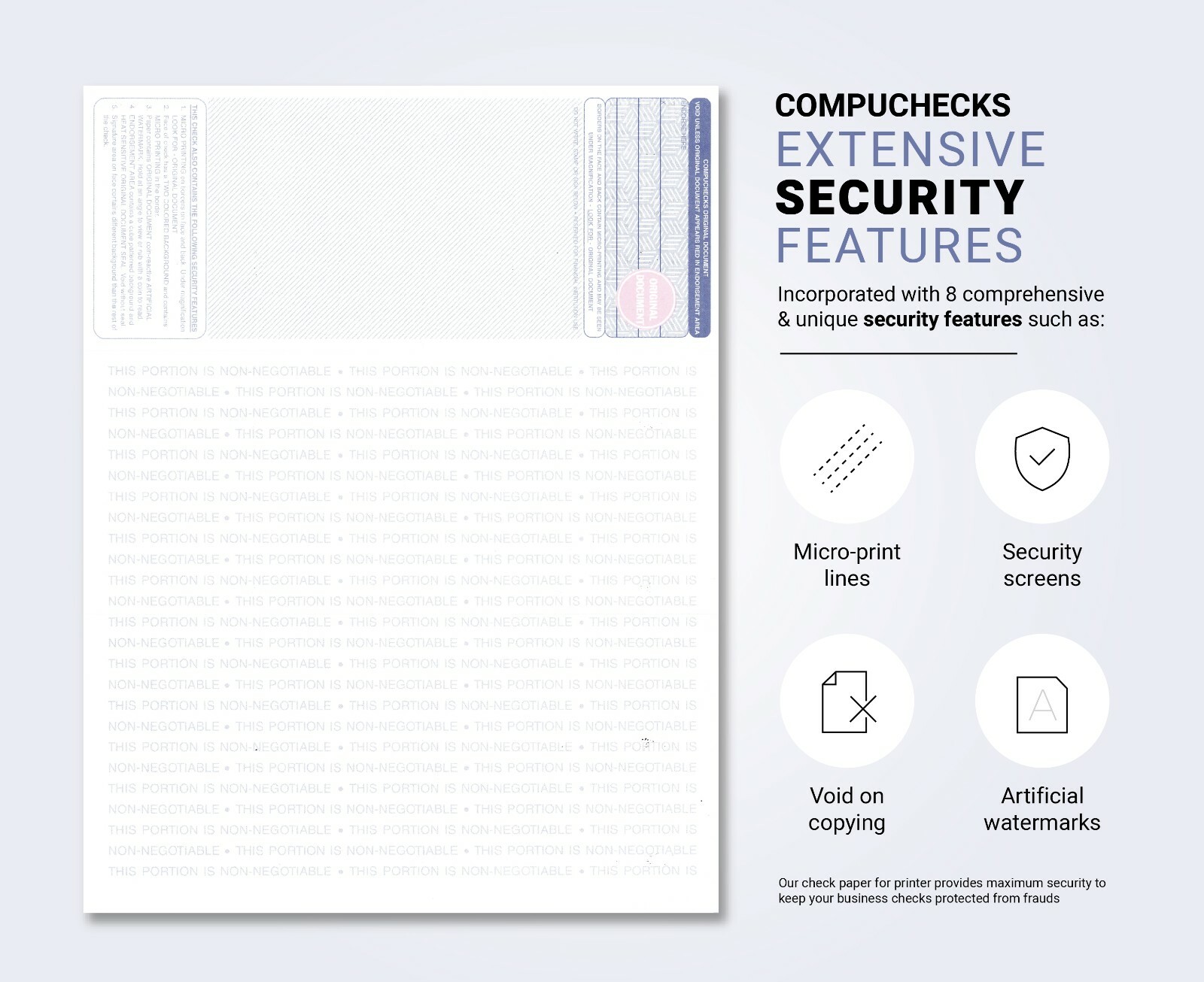 50 Blank Check paper “High Security” – Check on Top – Light Blue Art Deco