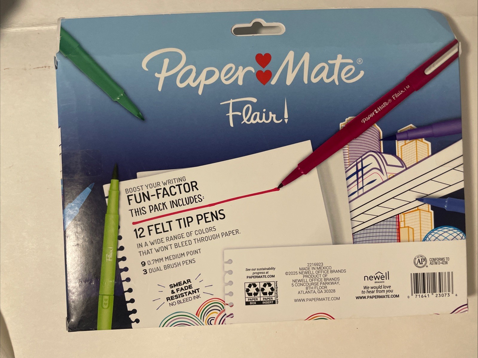 PAPER MATE FLAIR FELT TIP PENS, MEDIUM POINT 0.7MM, ASSORTED COLORS, 12 PACK
