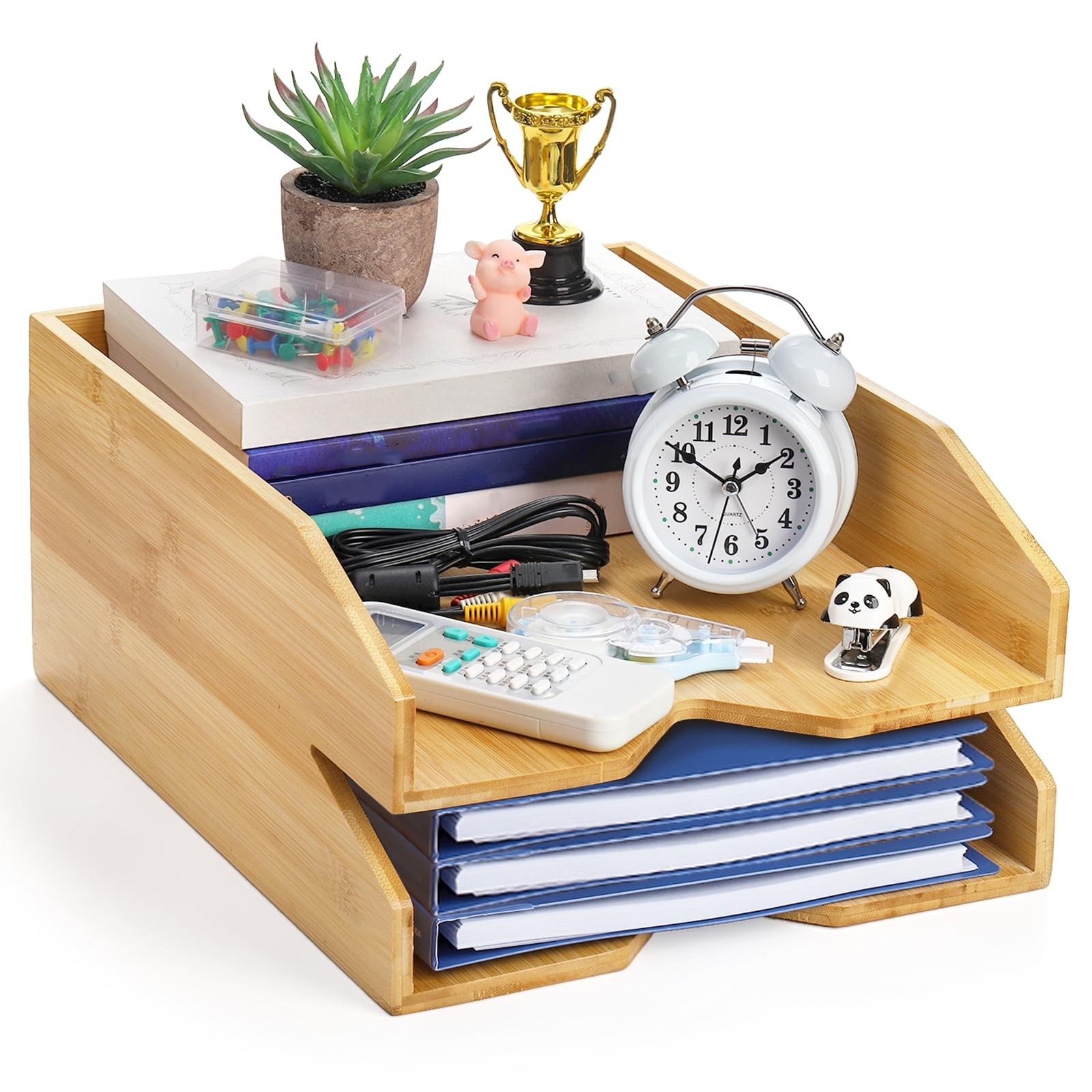 2 Tiers Paper Tray, 14 x 11 in Bamboo Letter Tray, Office Desk File Holder, L…
