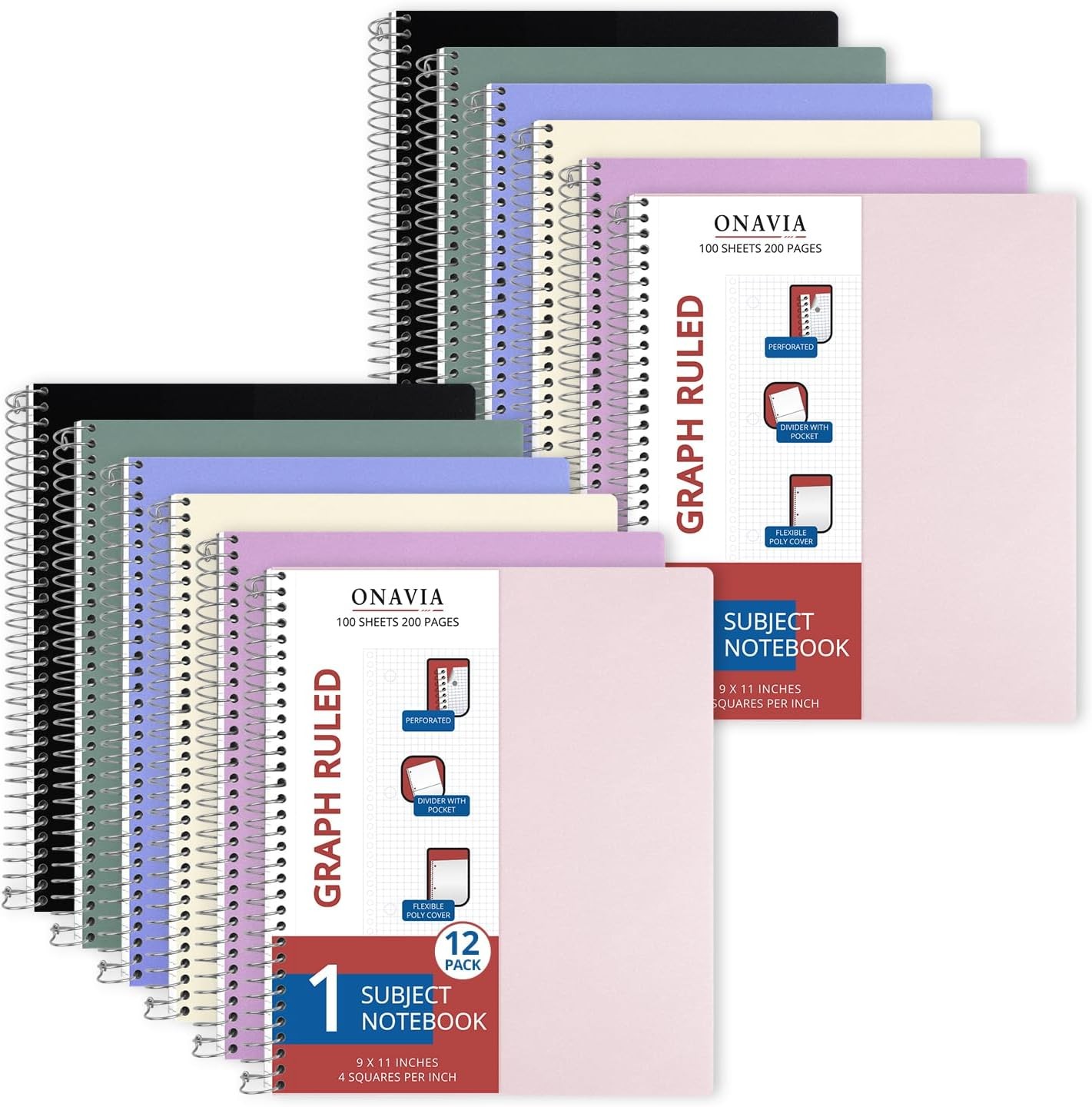 Graph Ruled Spiral Notebook 1 Subject, 12 Pack, 9 x 11 in, 100 Sheets,