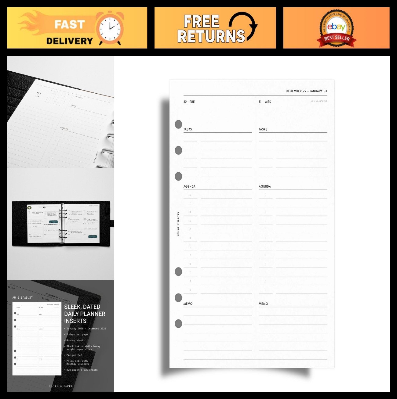 2026 A5 Daily Planner Inserts – 6 Ring Refills, 2 Days/ Page, Minimalist Design
