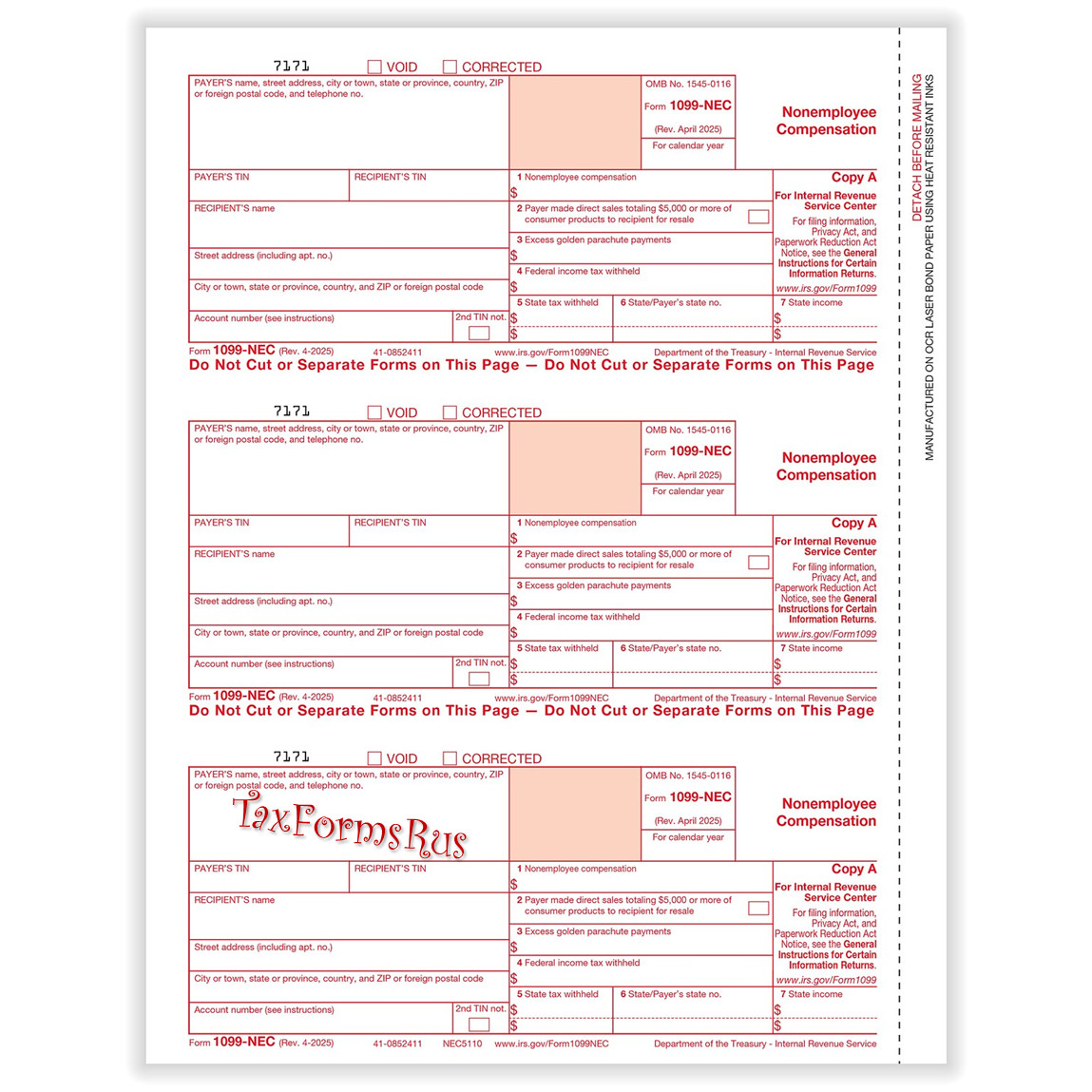2025 IRS TAX FORMS KIT: 1099-NEC 12 recipients +envelopes +(2)1096 LASER 4pt 3UP
