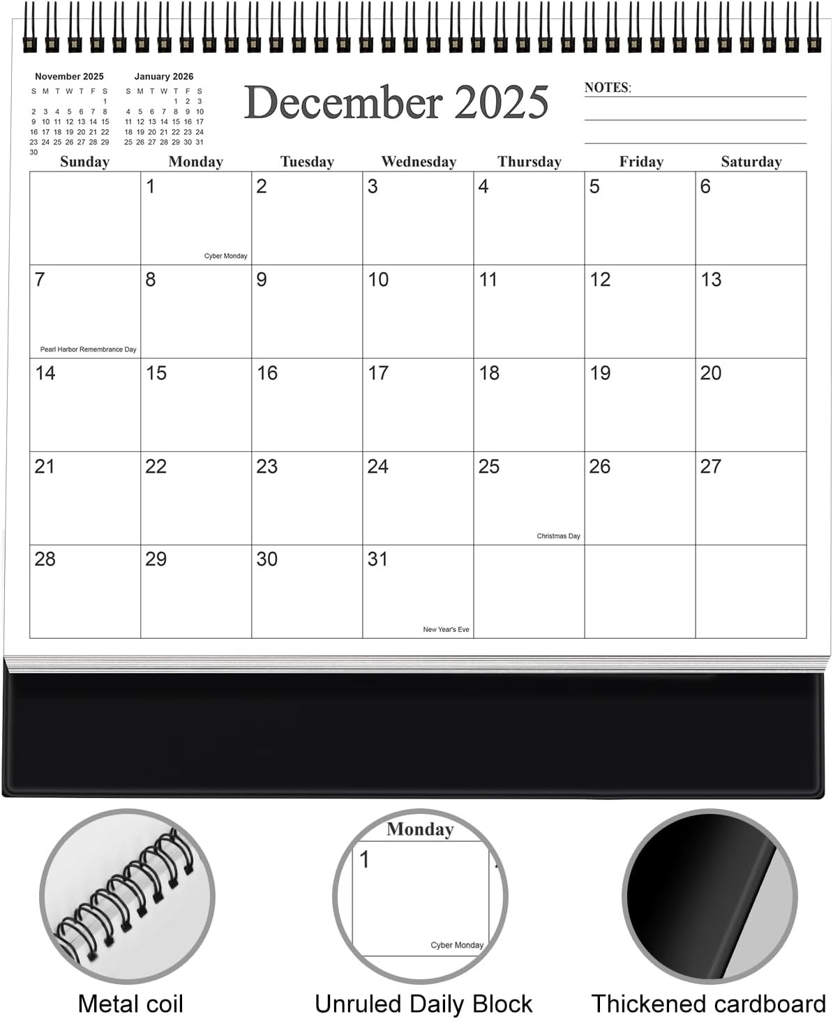 Desk Calendar 2026 – Runs January 2026 until June 2027 – 6″ x 8″, Black