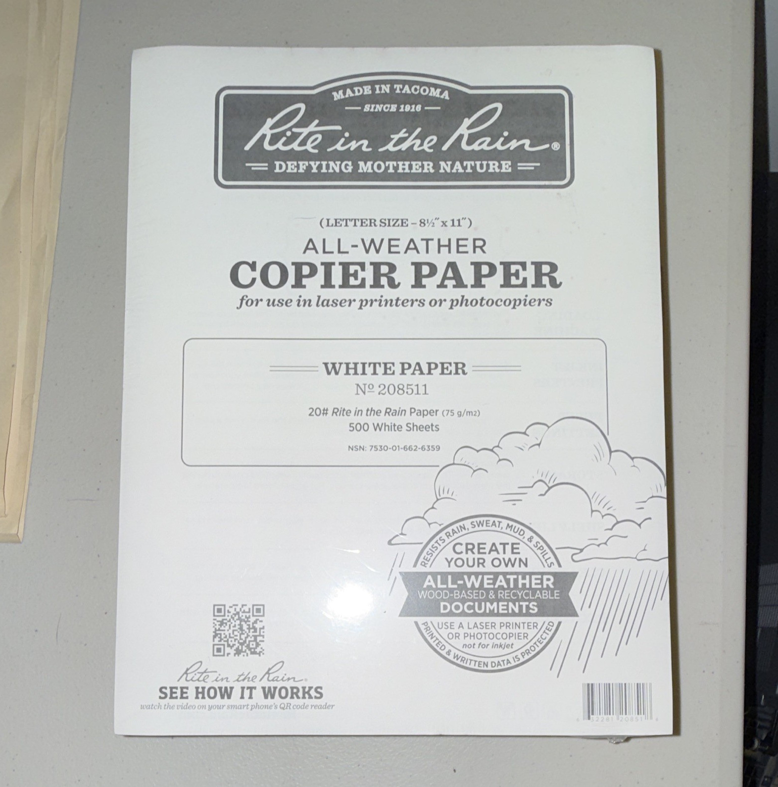Rite in the Rain All-Weather Copier Copy Paper 8 1/2 x 11 White 500 208511. 500