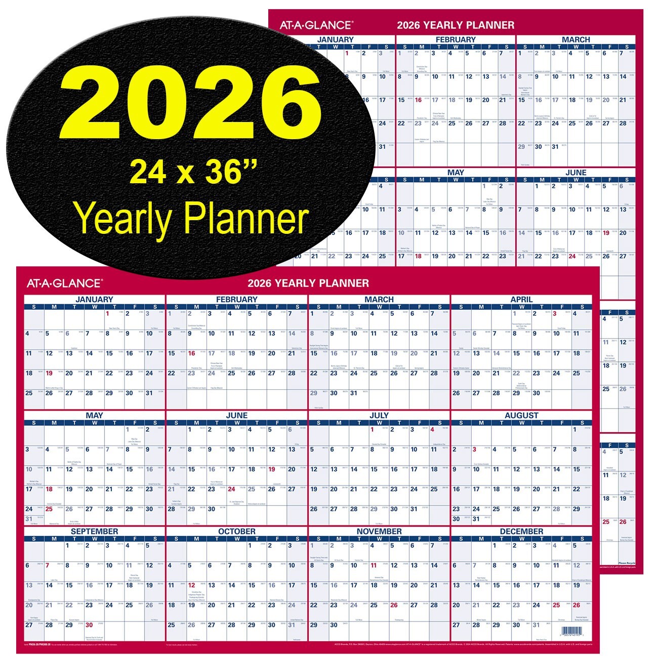 At-A-Glance 2026 Yearly Planner PM26-28, Dry Erase Wall Calendar, 24 x 36″