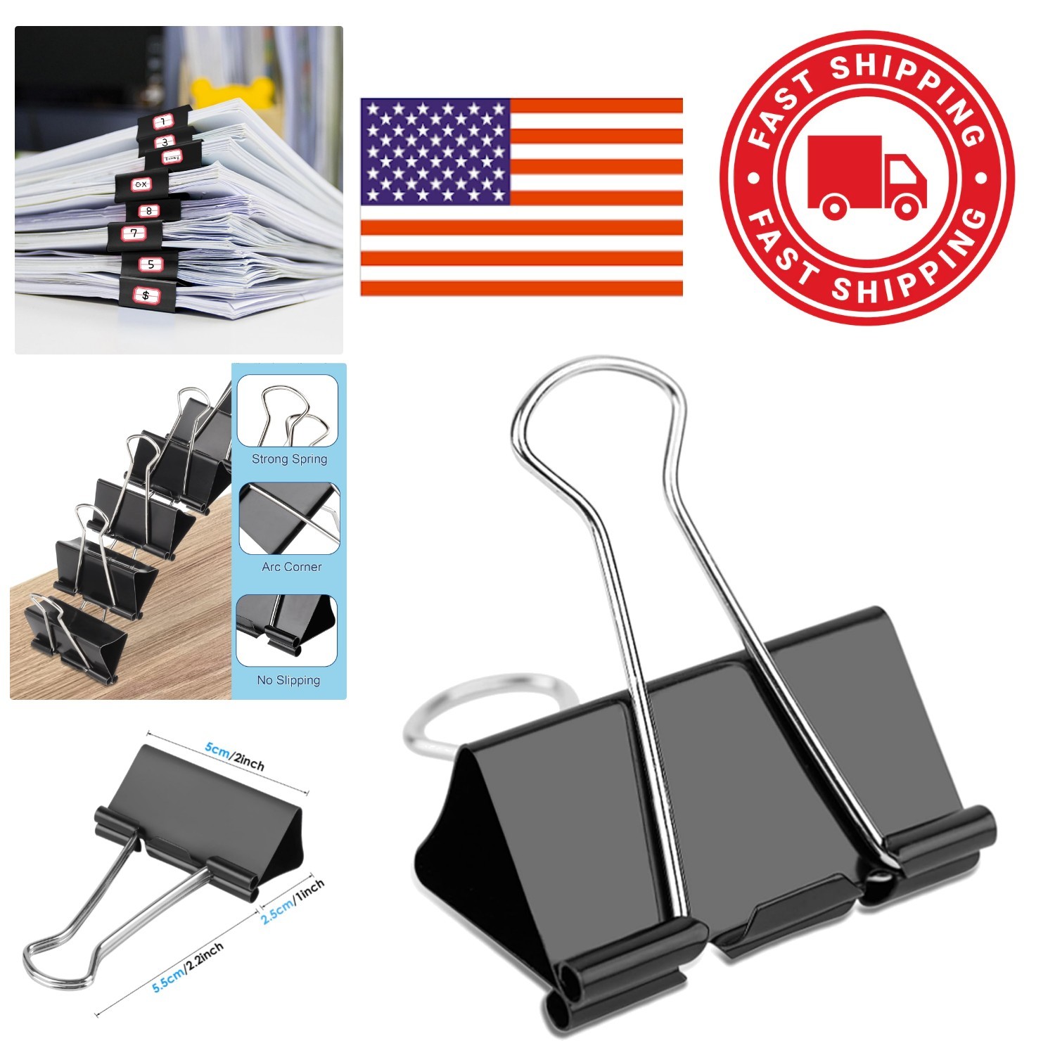 Extra Large Binder Clips 2 Inch Black Tempered Steel 40 Pieces for Office Use