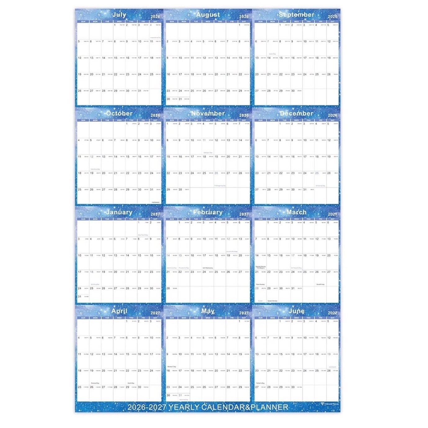 Vibrant Focus 2026-2027 Yearly Wall Calendar Planner Blue Star 34.7 x 22.8 XL
