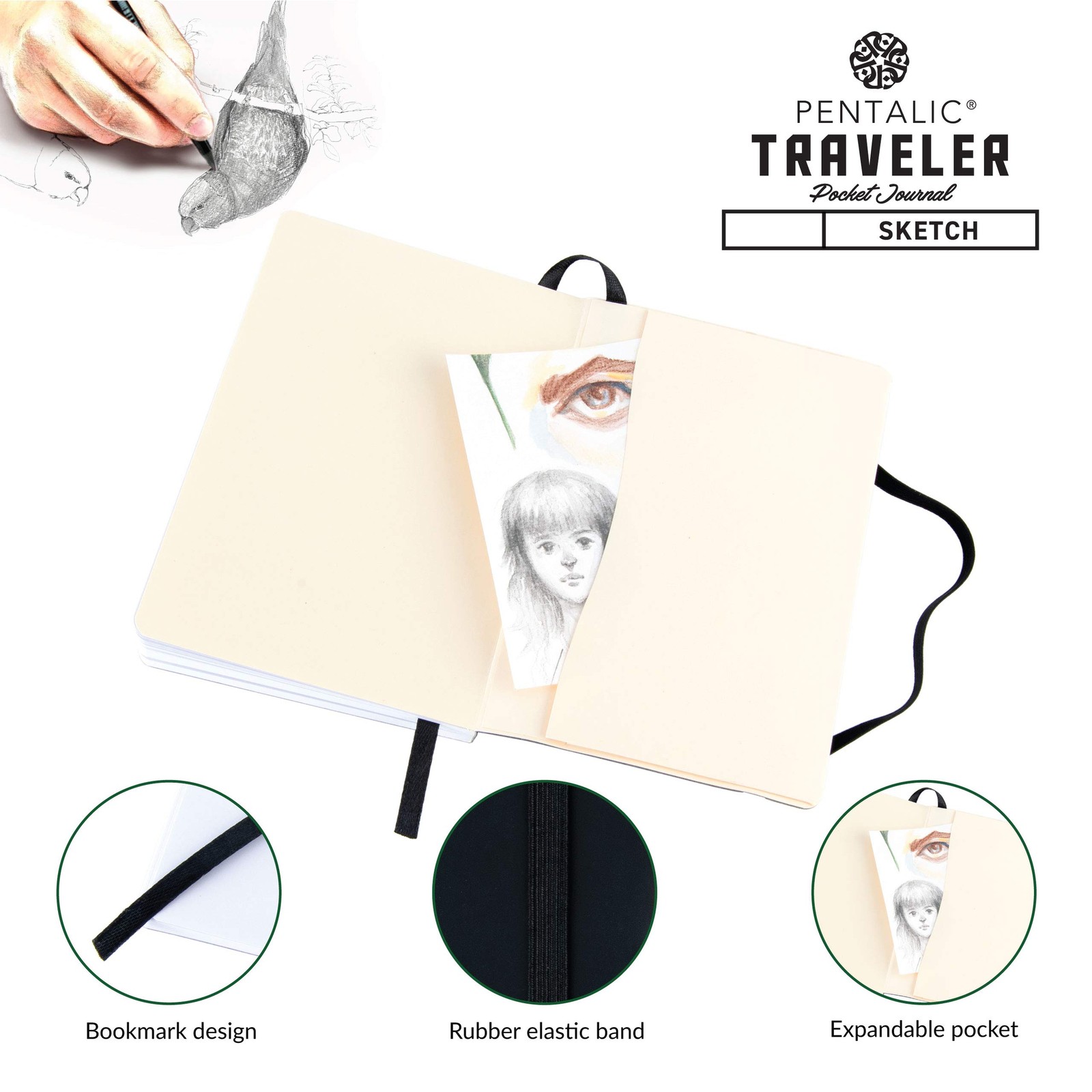 Pentalic 4″ x 6″ Pocket Sketchbook Traveler 4-inch x 6-inch, Black, Black