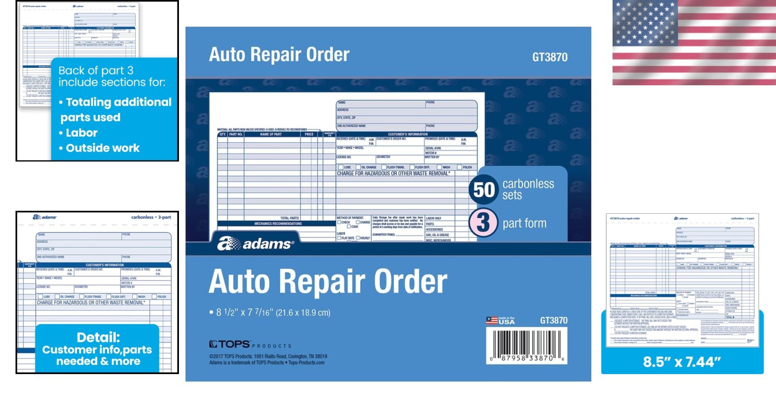 Easy-To-Use Auto Repair Order Forms, 50-Pack, 3-Part Carbonless, 8.5 x 7.44 in