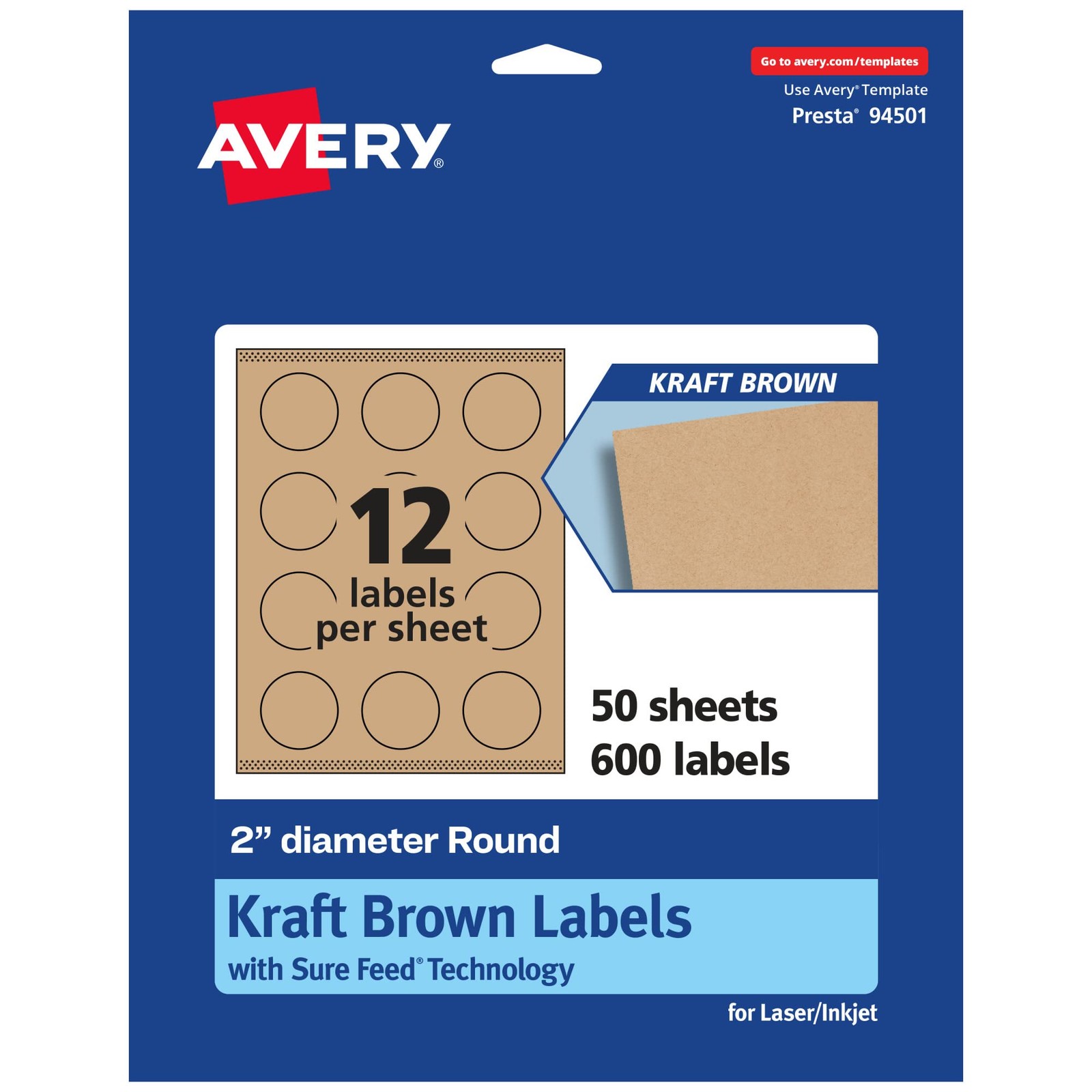 Avery Kraft Brown Round Labels, 2″, 600 Labels w/ Sure Feed Inkjet/Laser