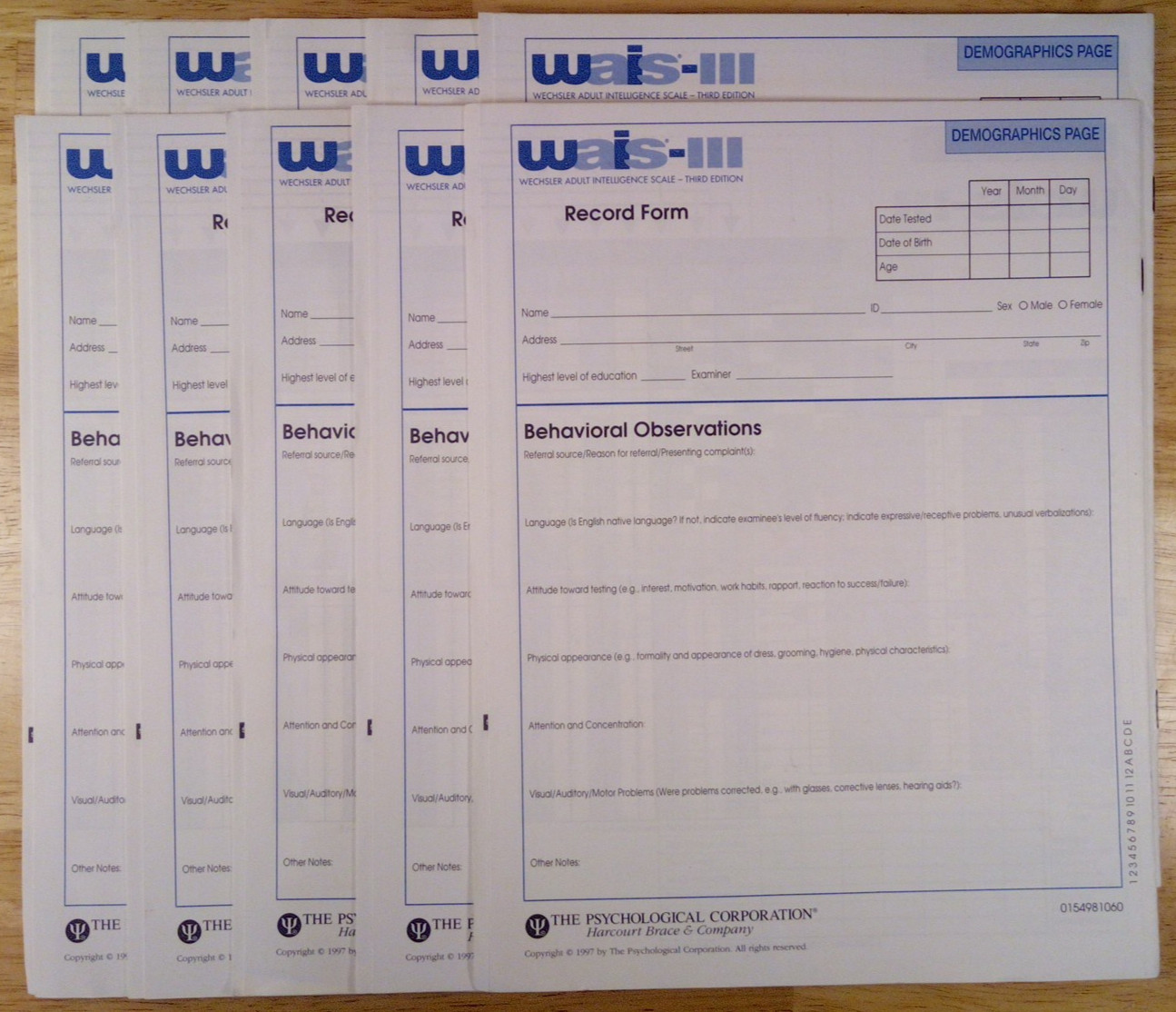 WAIS III Wechsler Adult Intelligence Scale Record Form . Lot of 10