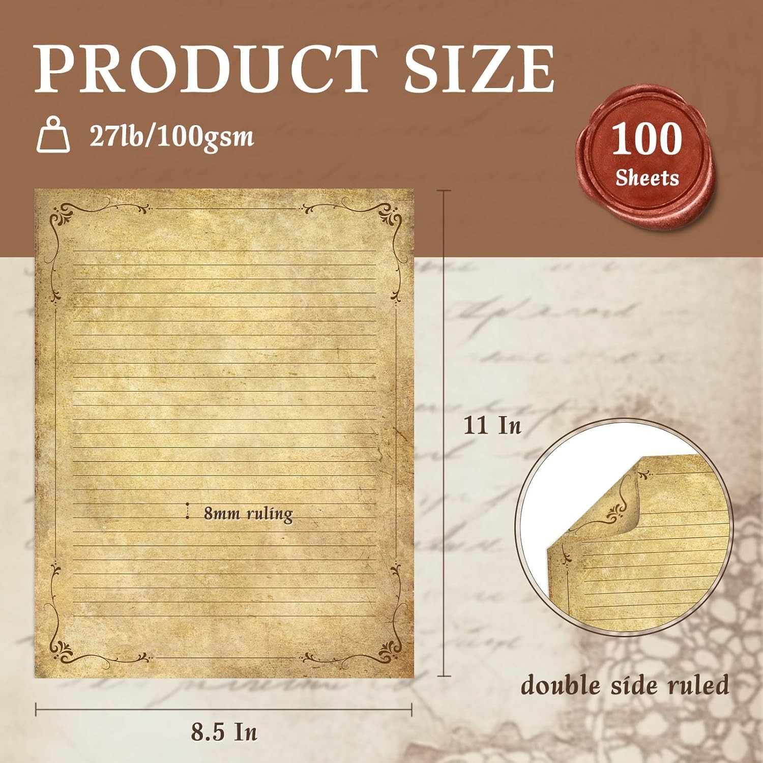 Double Sided Vintage Lined Parchment Paper 8.5 x 11 Inches Sheets for Writing