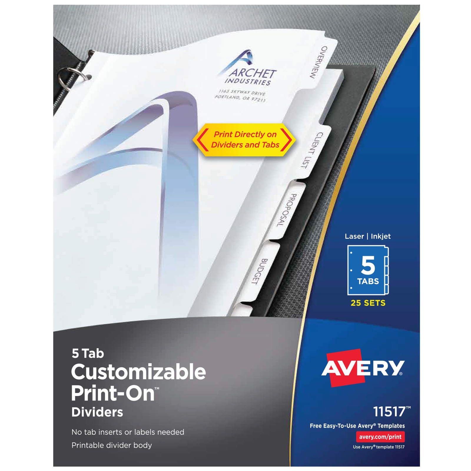 Avery Binder Index Dividers 5-Tab 25 Sets 8.5×11 White Classic 11517