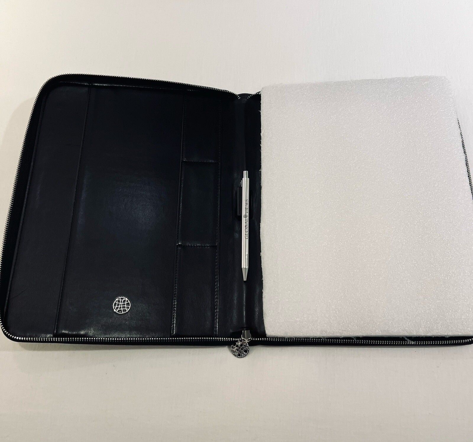 Global Views Work Folio A5 Premium Leather Portfolio Zipper Closure Black New