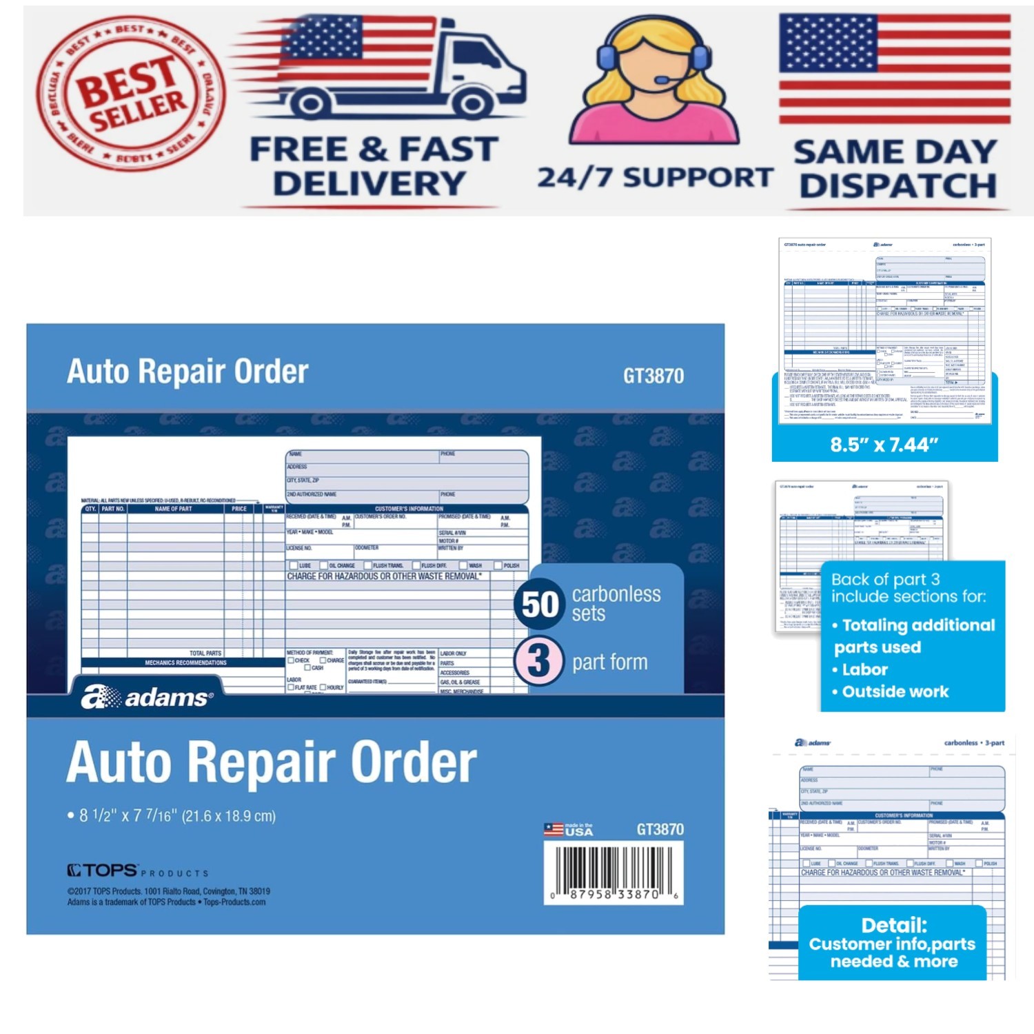 Easy-To-Use Auto Repair Order Forms, 50-Pack, 3-Part Carbonless, 8.5 x 7.44 in