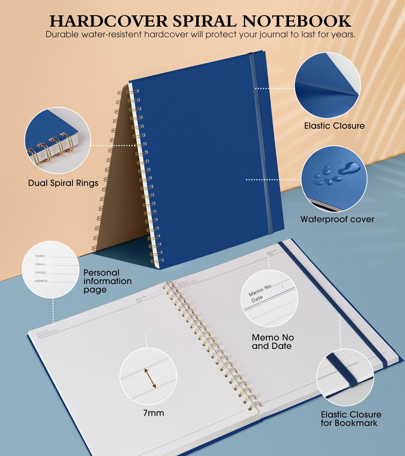Spiral Notebook Journal 8.5” x 11”, A4 Large Notebooks for Women Line, Navy