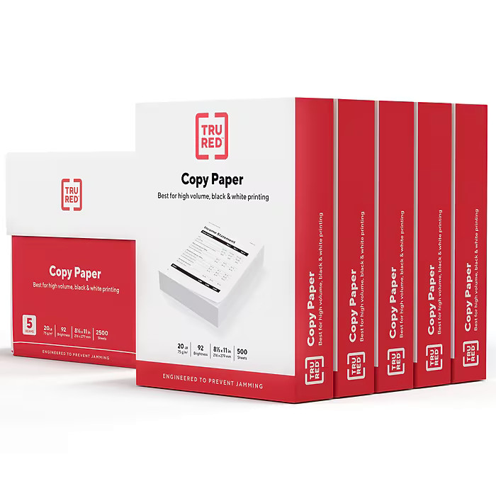 TRU RED Copy Paper 8.5″x11″ 20lb 92 Bright White 2500 Sheets 5 Reams