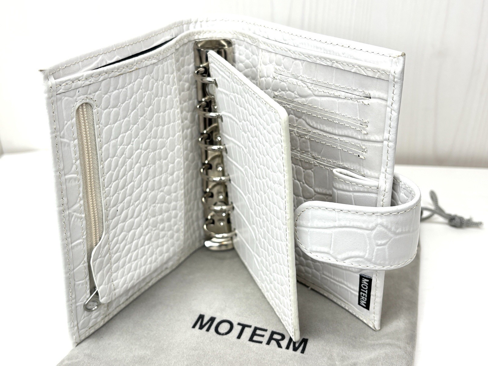 Moterm A7 Pocket Leather Rings Planner White/Light Grey Croc Wallet Organizer