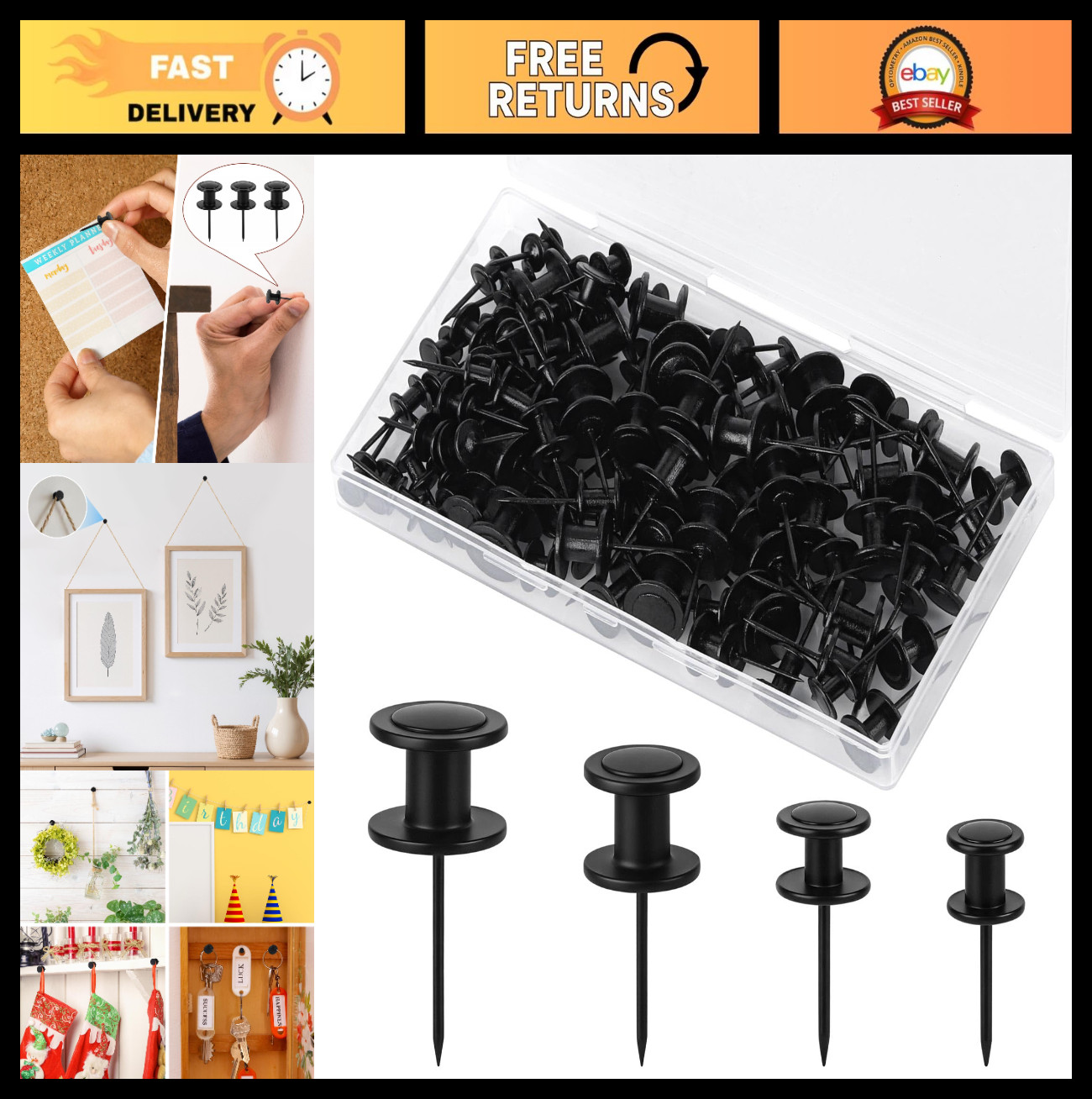 100Pcs Double-Headed Thumb Tacks Push Pins for Bulletin Board & Cork Board – Bla