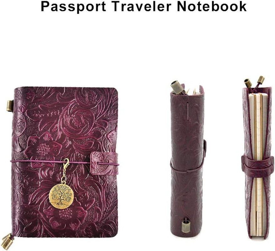 Refillable Leather Journal, Handmade Purple Leather Notebook with Bookmark for M