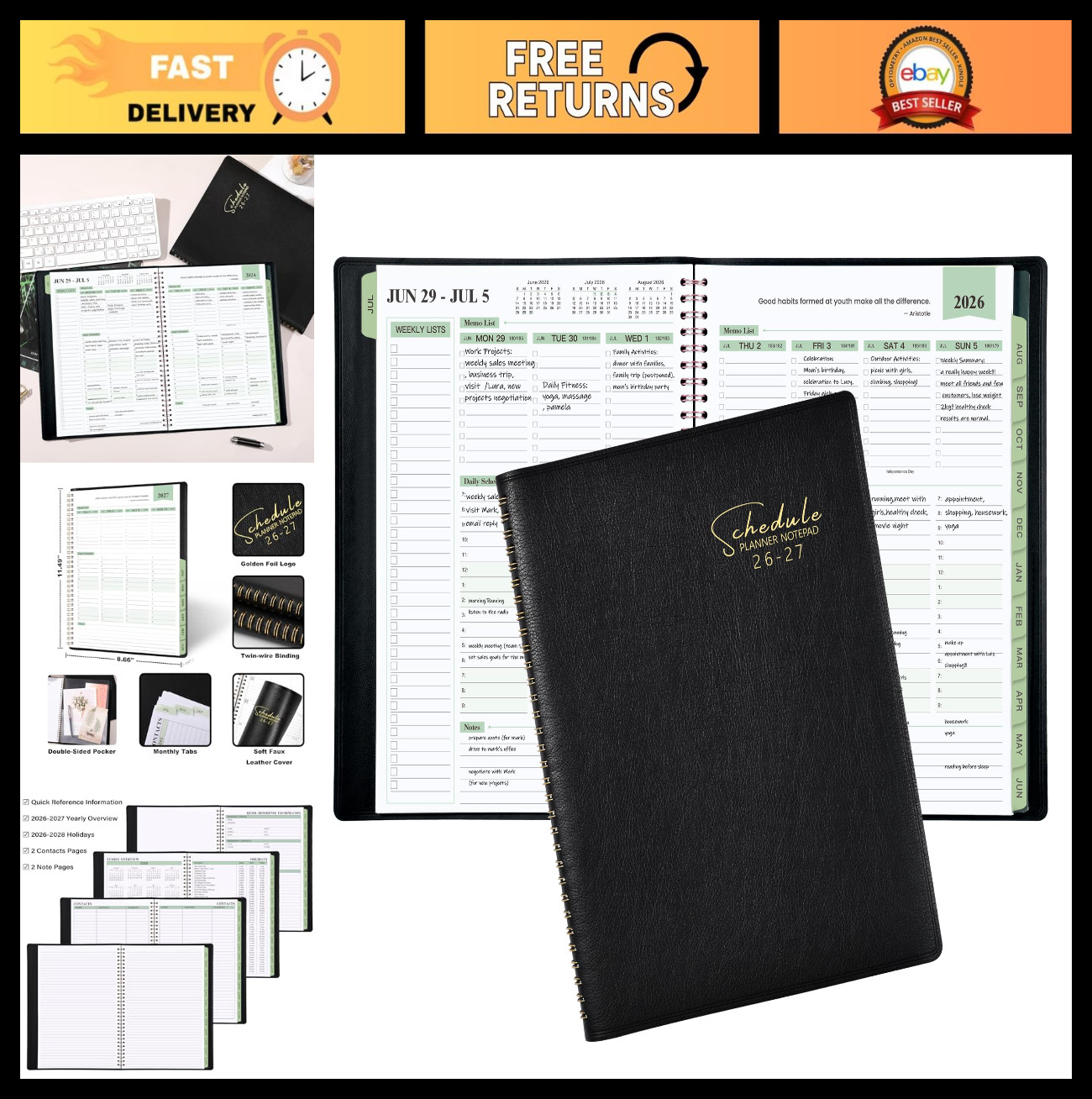 2026-2027 Business Planner – 3-Tier Schedule Notepad, Appointment Book, Leather