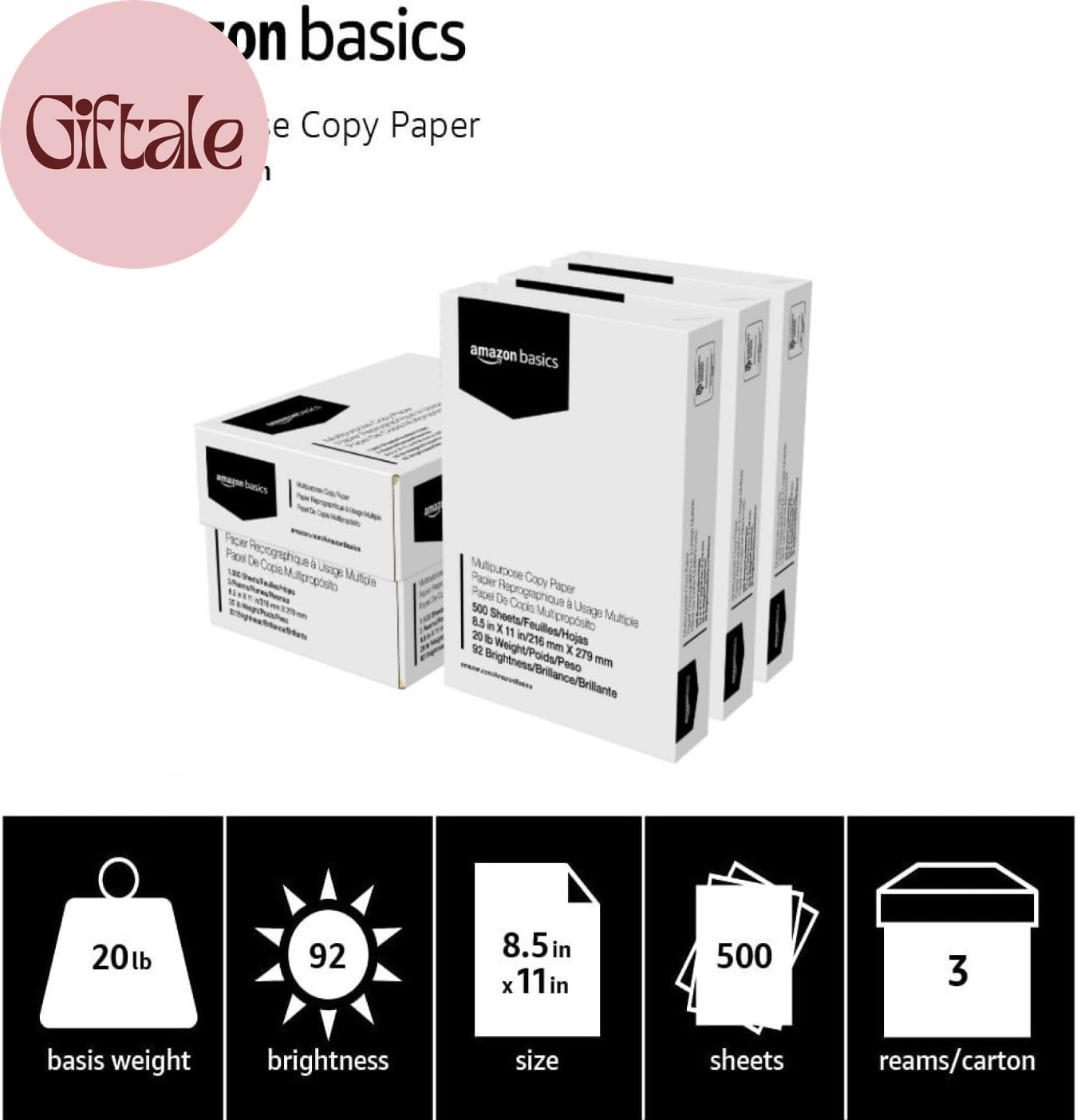 Multipurpose Copy Printer Paper, 20 Lb, 8.5 X 11 Inches, 3 Reams (1,500 Sheets),