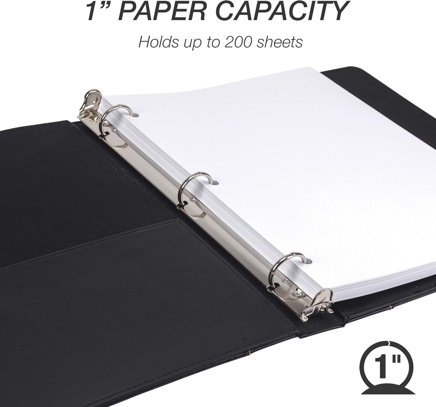 NEW 1 Inch 3 Ring Binder, Leather, Black with Contrast Stitching, 8.5X 11 In