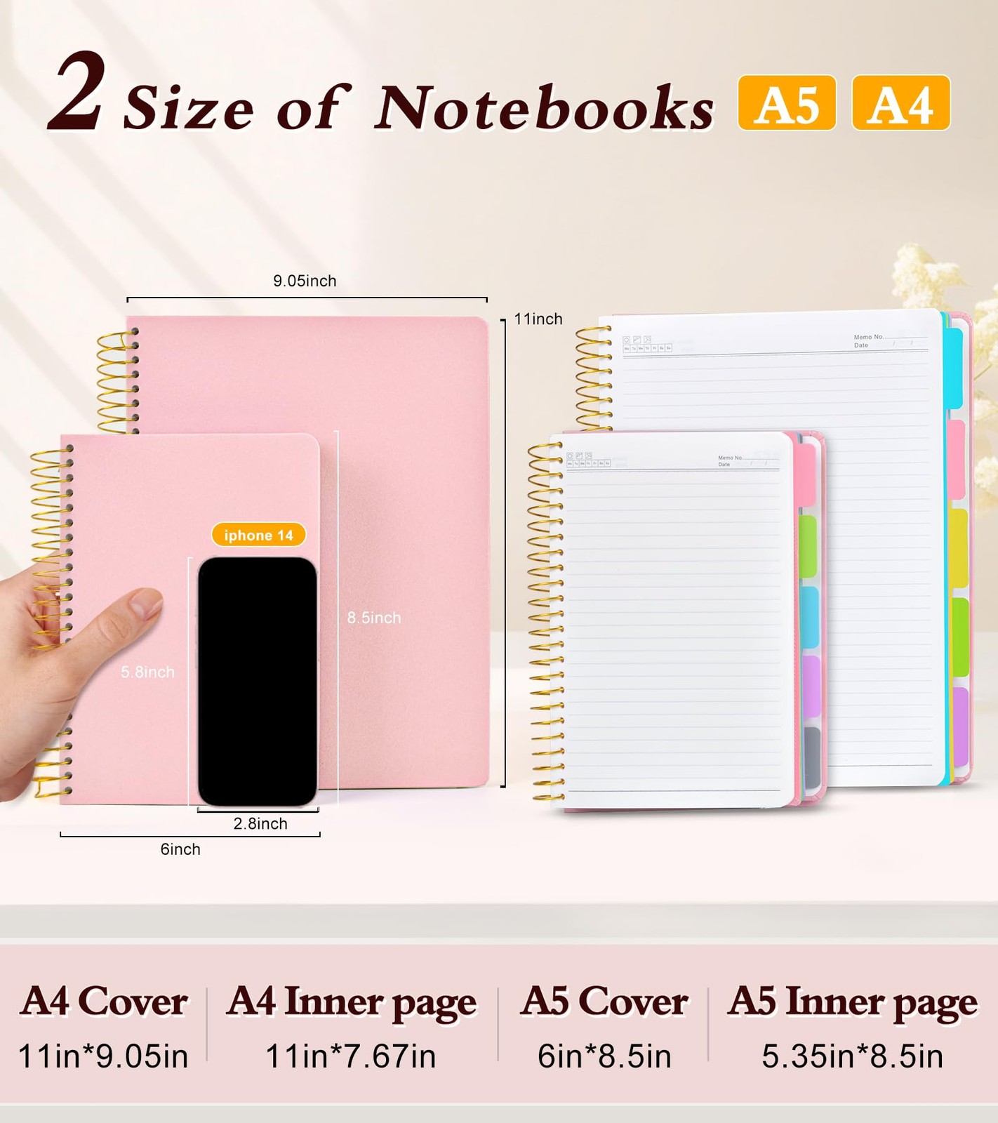 5 Subject Notebook College Ruled, A5 Hardcover Spiral Notebook with Removable…