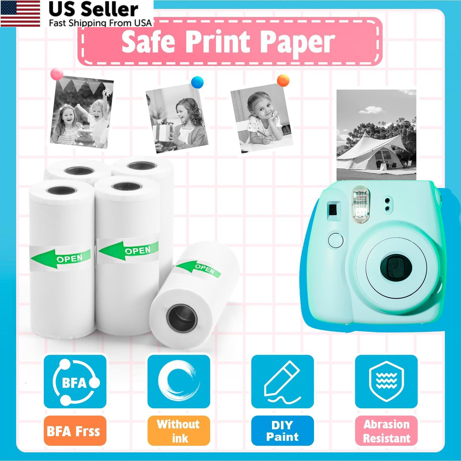 12 Rolls Mini Thermal Printer Sticker Paper, Kids Instant 12 Paper