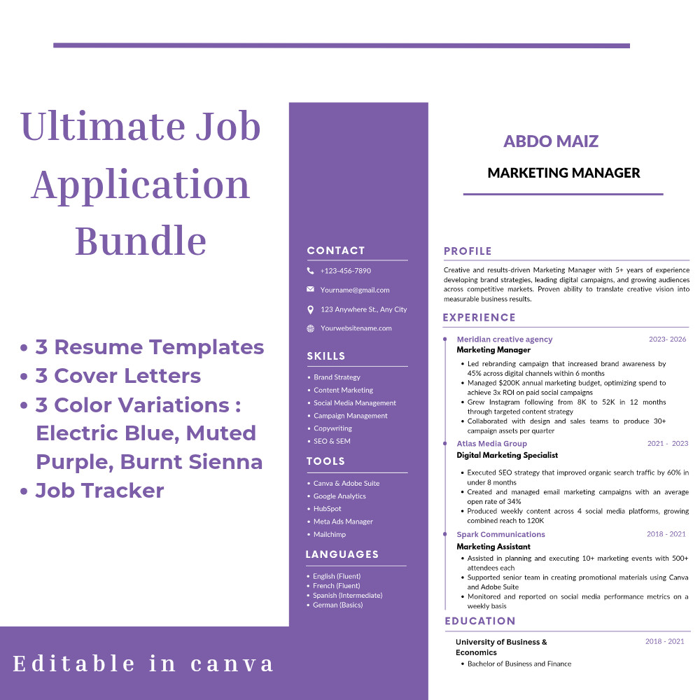 Marketing and Creative Resume CV & Cover Letter Bundle + Job Tracker | 3 Colors