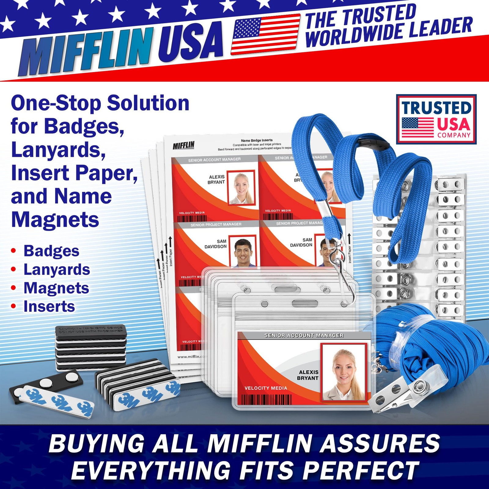 Mifflin-Usa Flat Breakaway Safety Lanyard For Id Badges Blue 36 Inch 100 Pack