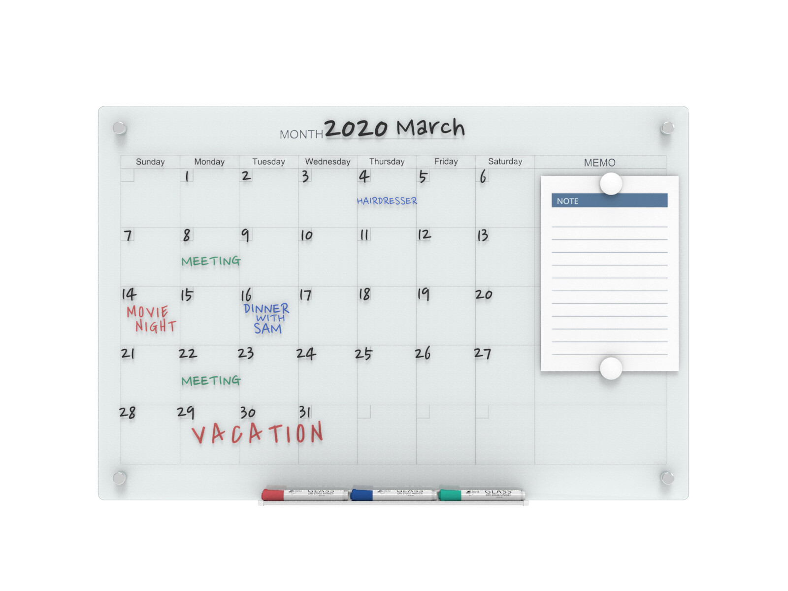 Audio-Visual Direct Magnetic Glass Calendar Dry-Erase Board Set, Monthly