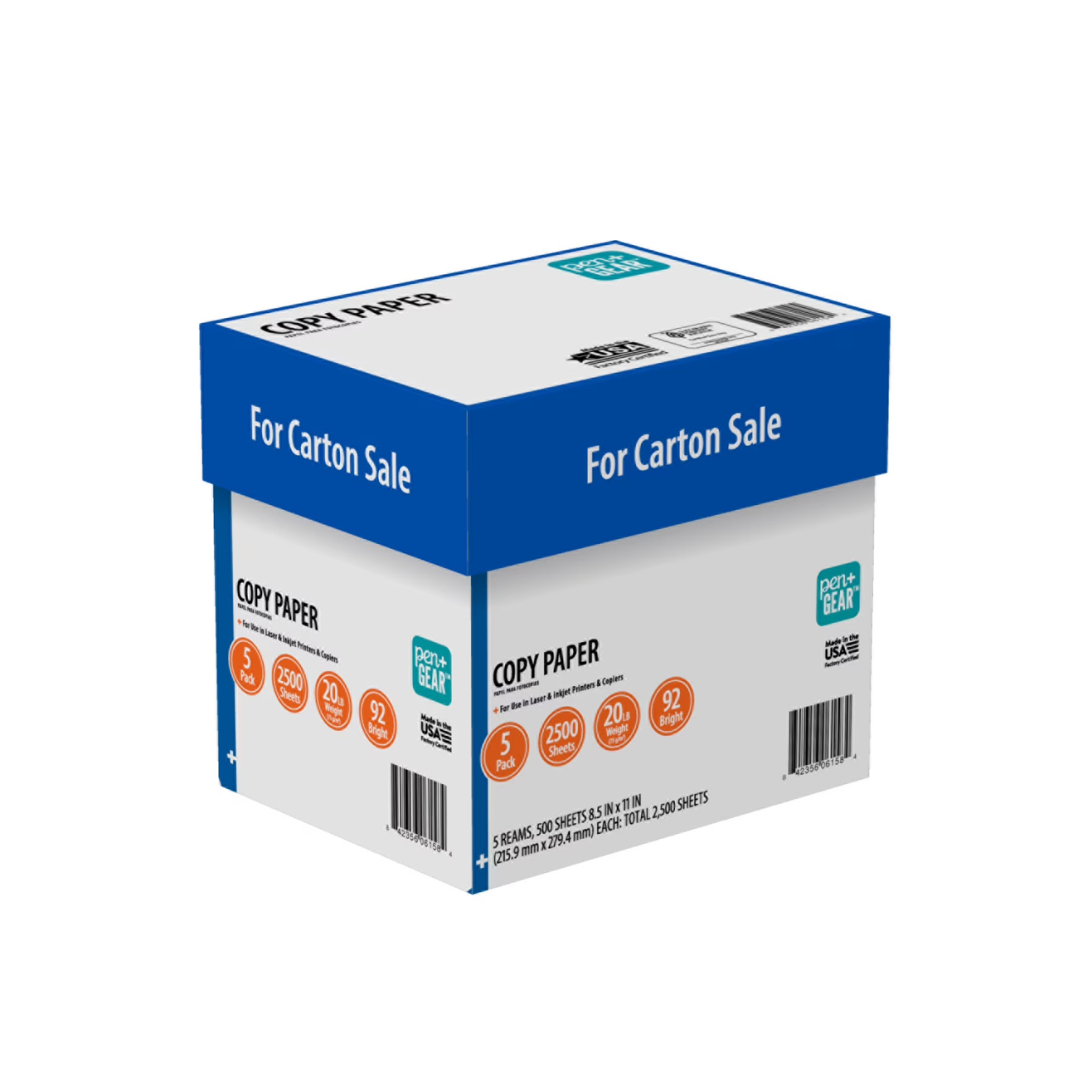 Pen +Gear Copy Paper, 8.5″ x 11″, 92 Bright, 20 lb White 5 Ream Case 2,500sheets