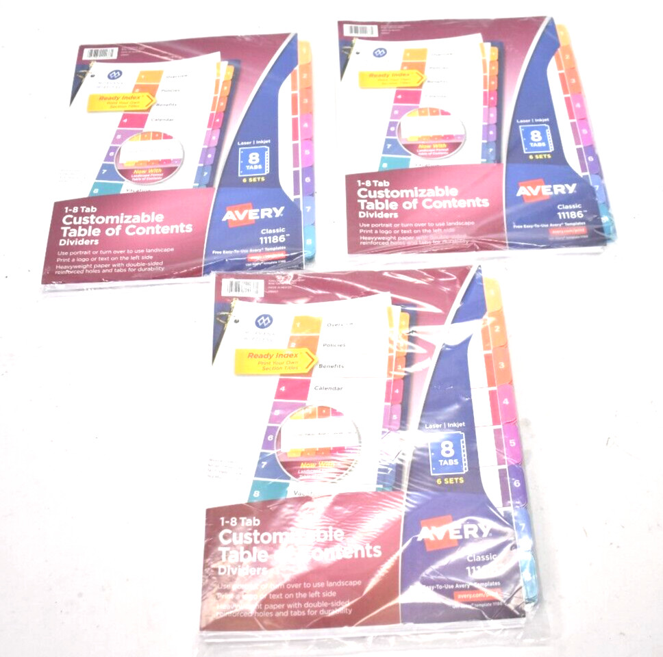 Lot of 3 Avery Ready Index Table Of Contents Reference Divider 8 Tab 6 Set 11186