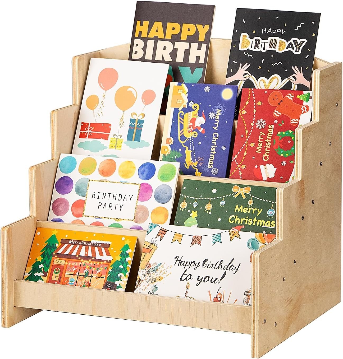 Greeting Card Display Stand Holder, 4-Tier Wooden Organizer Rack for Retail S…