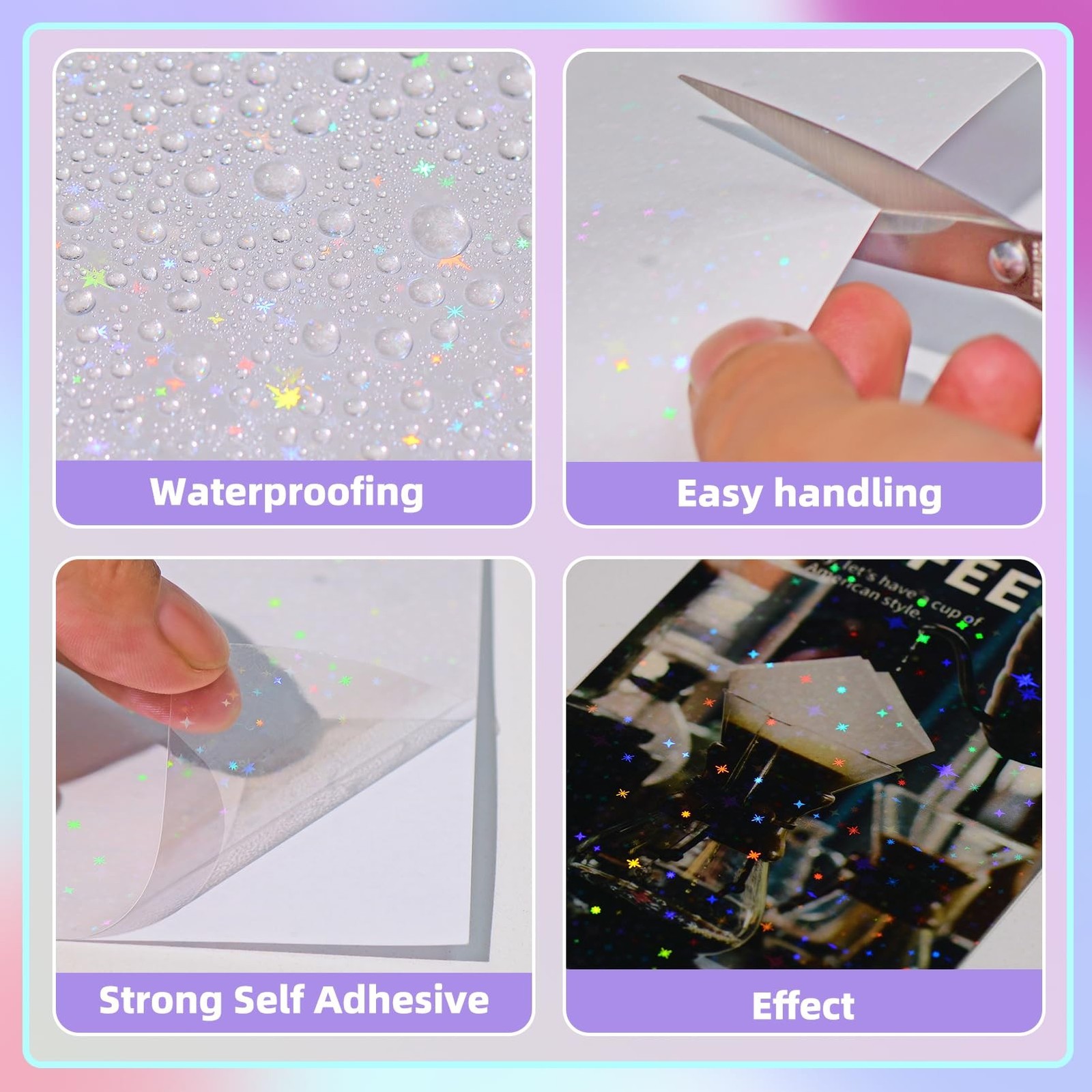 36 Sheets Holographic Sticker Paper, Transparent Holographic Vinyl Laminate F…