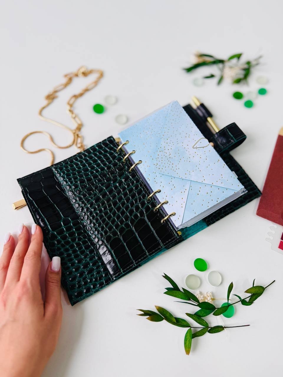 Green A6 leather notebook cover binder 6-Rings. Dated 2026 planner gift for her.