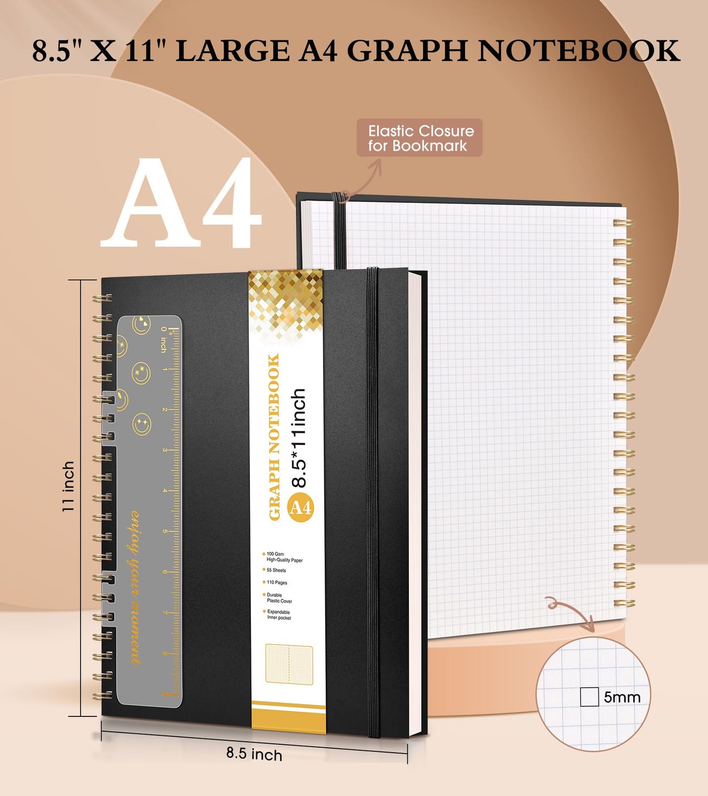 Graph Notebook, Spiral Notebook Journal 8.5” x 11”, A4 Large Grid Notebooks f…