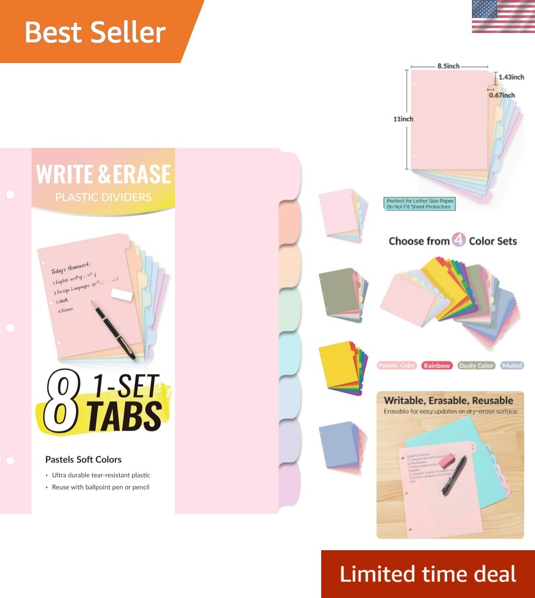 8 Tabs Long-Lasting Plastic Write & Erase Large Tabs Dividers for 3 Ring Bind…