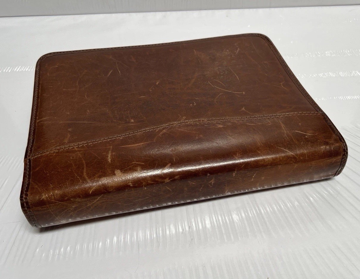 Vintage Day Timer Planner Brown Genuine Leather Organizer Binder Zip 7 Rings
