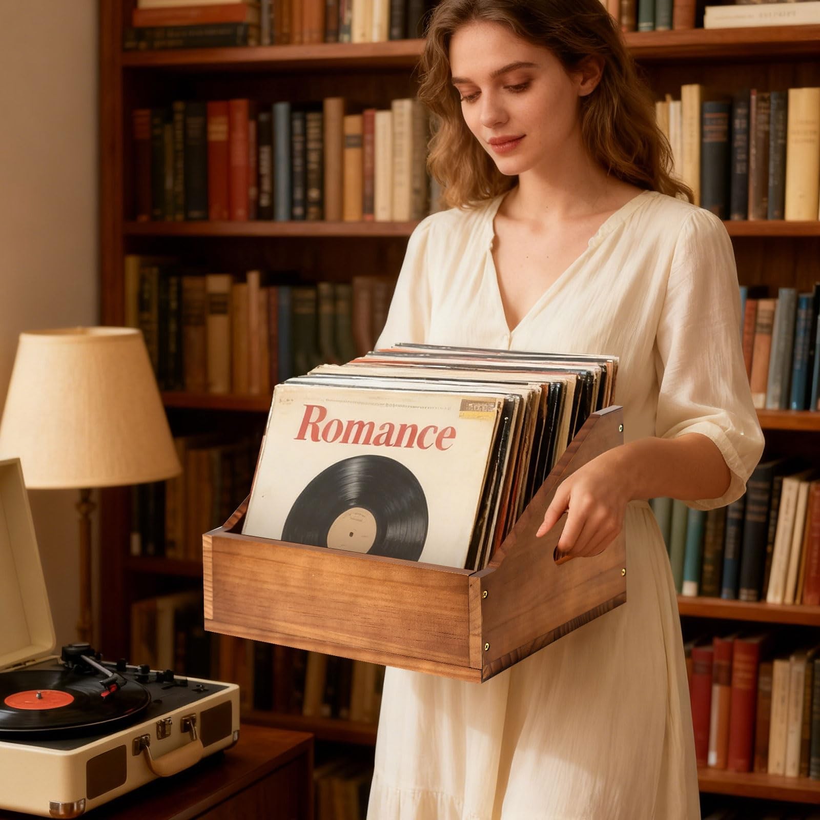 Wooden Vinyl Record Storage Crate, Large-Capacity Retro Holder Brown
