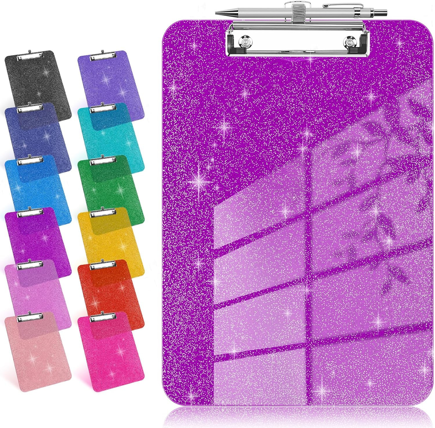 Glitter Clipboard with Pen Holder, Plastic Clipboards with Retractable Hook, Spa