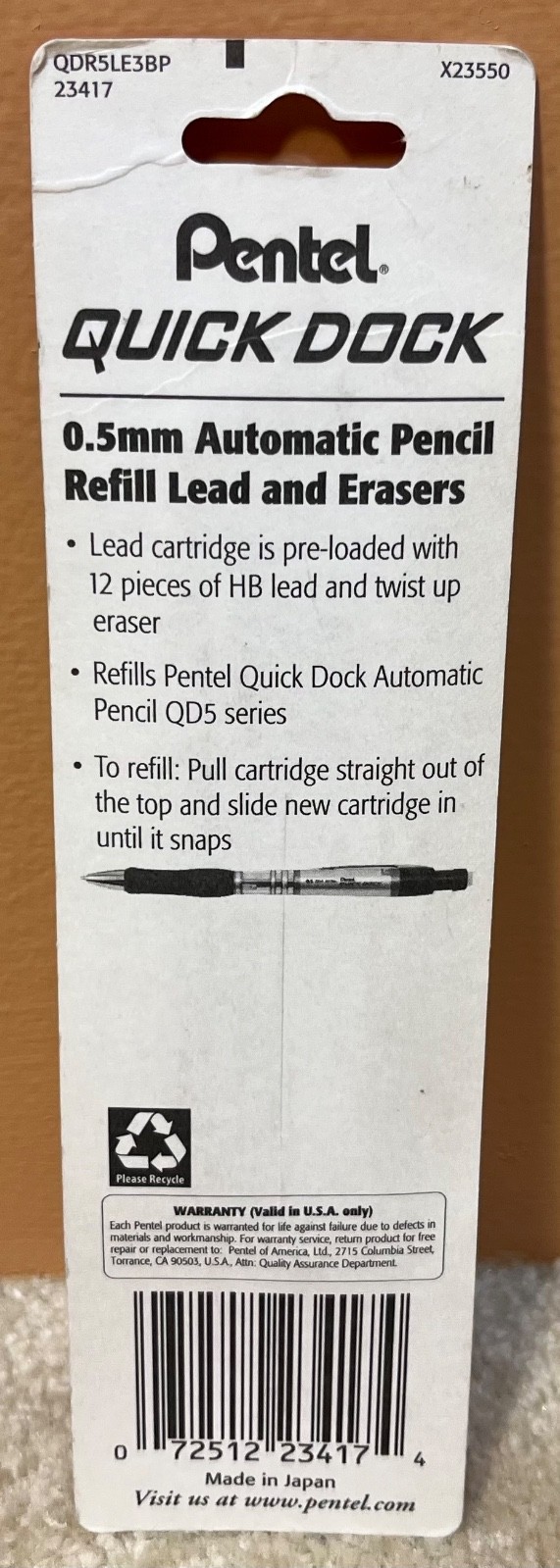 2 PENTEL Quick Dock Mechanical Pencil Refill 0.5mm Fine Lead &Eraser Refills DQ5