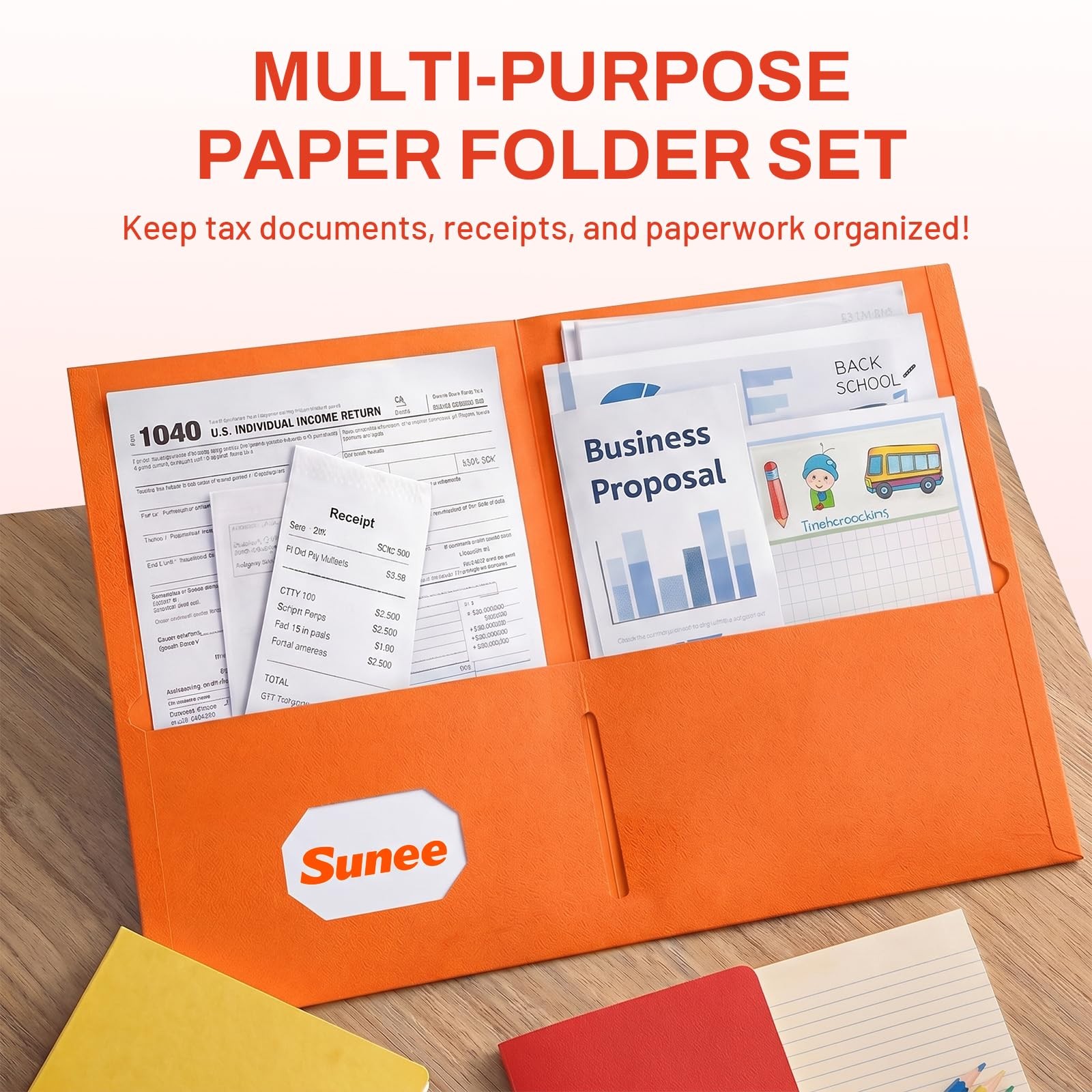 SUNEE Folders with Pockets (25 Pack, Orange), 2 Pocket Fit Orange