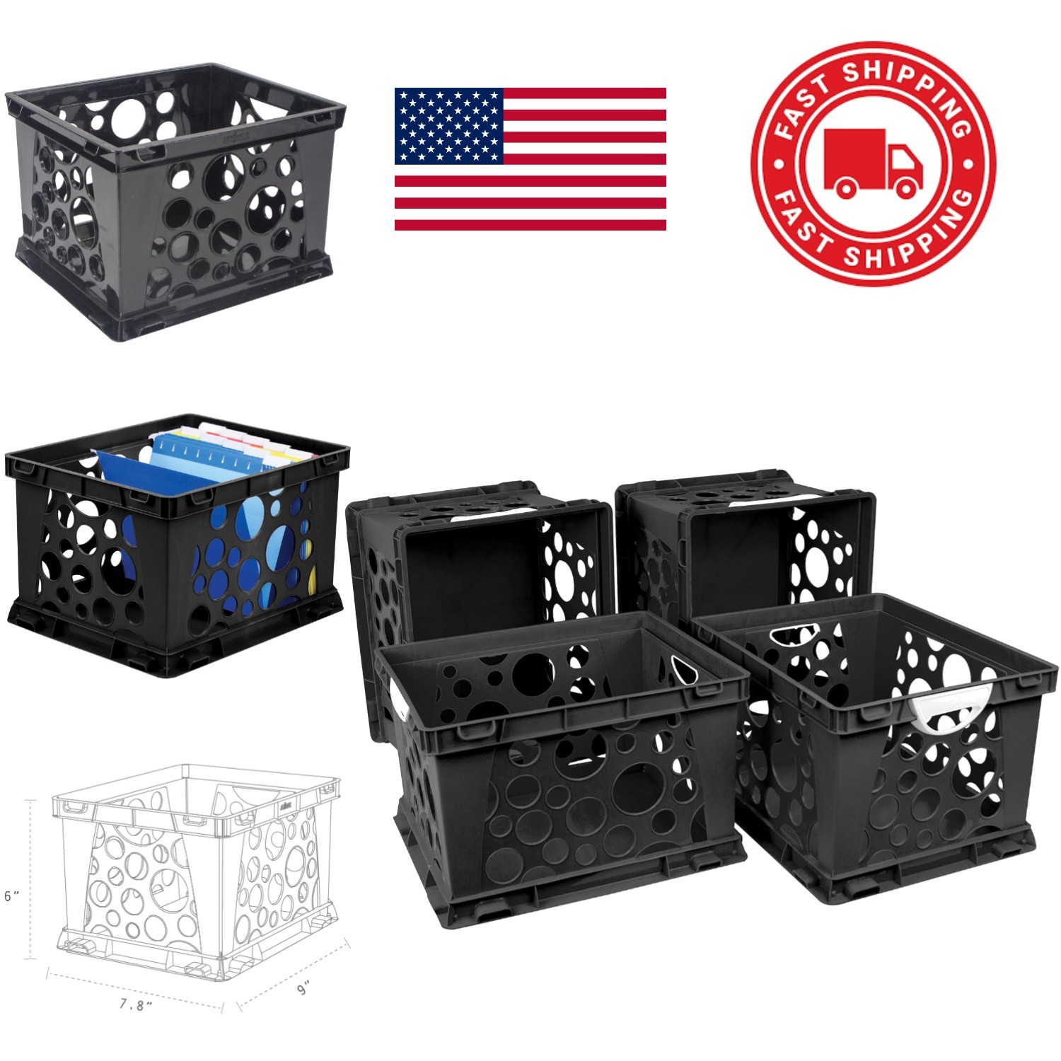 File Crate for Letter and Legal Files Black Plastic 3 Pack with Strong Handles