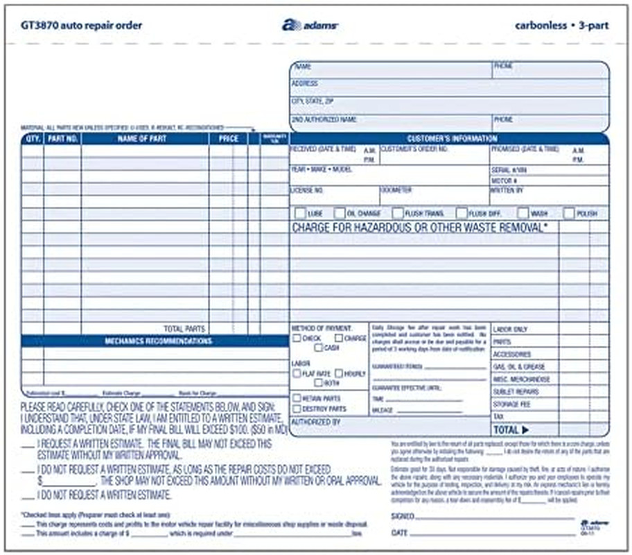 Adams 3-Part Carbonless Auto Repairs Book 8.5″L x 7.44″W 50 Forms/Book 301630