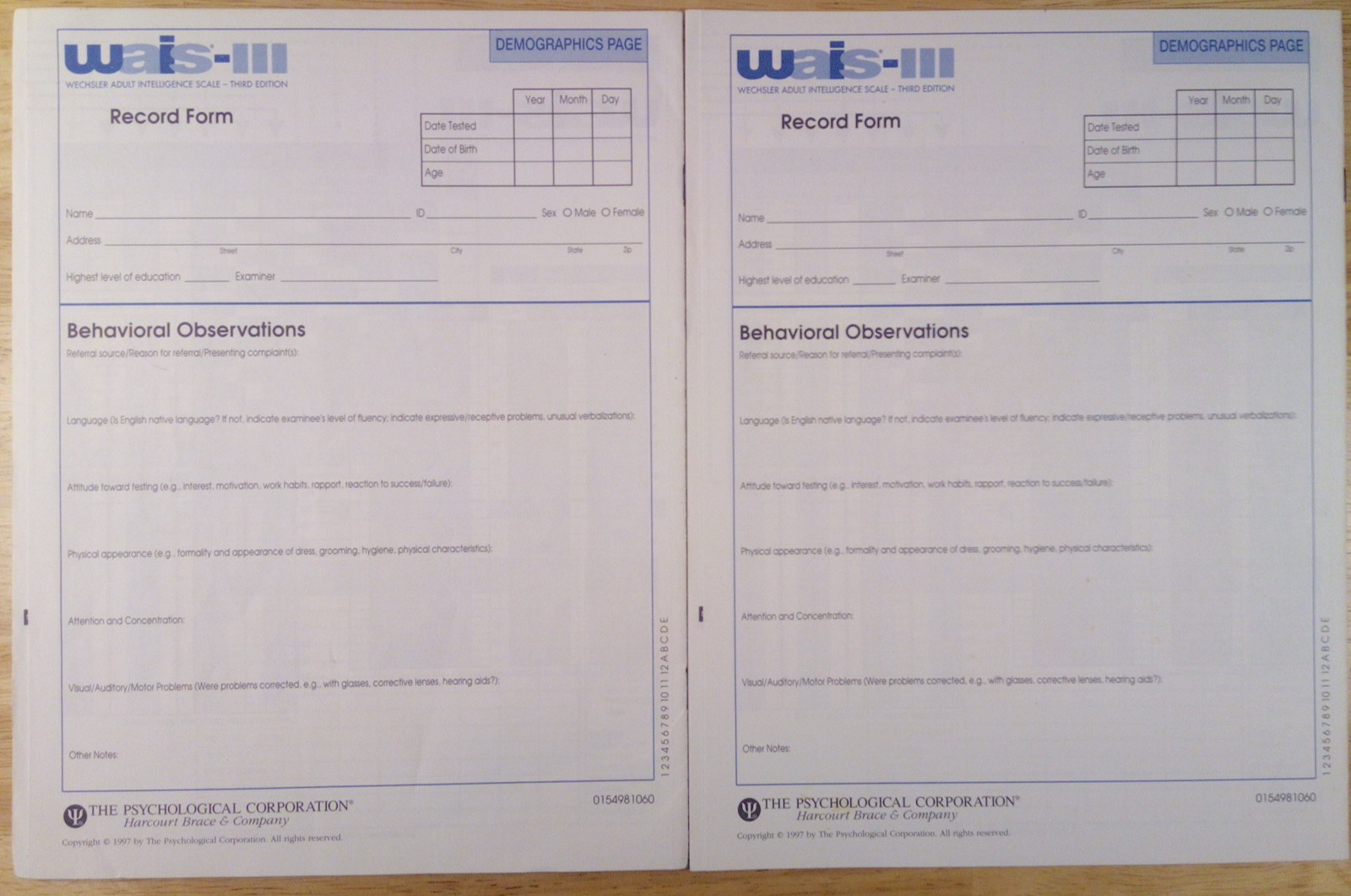 WAIS III Wechsler Adult Intelligence Scale Record Form . Lot of 10