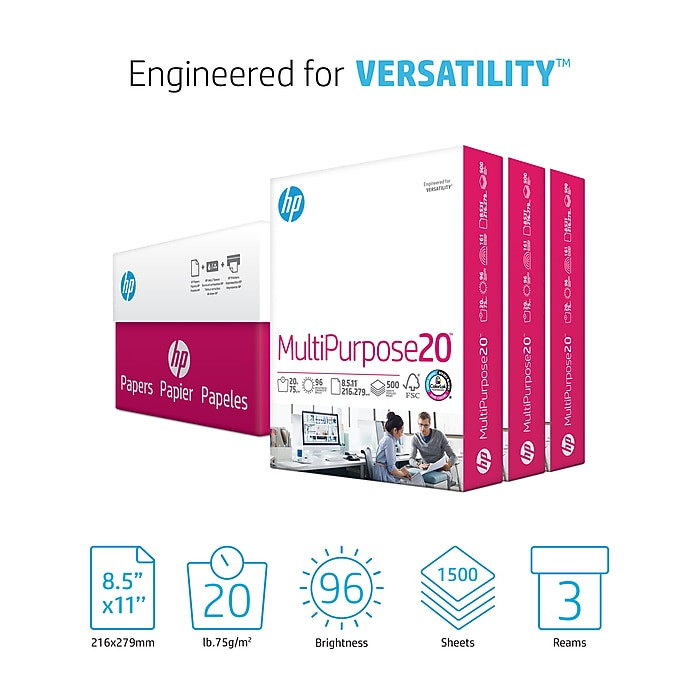 HP Multipurpose Copy Paper 8.5×11 20lb 96 Bright White 1500 Sheets Carton