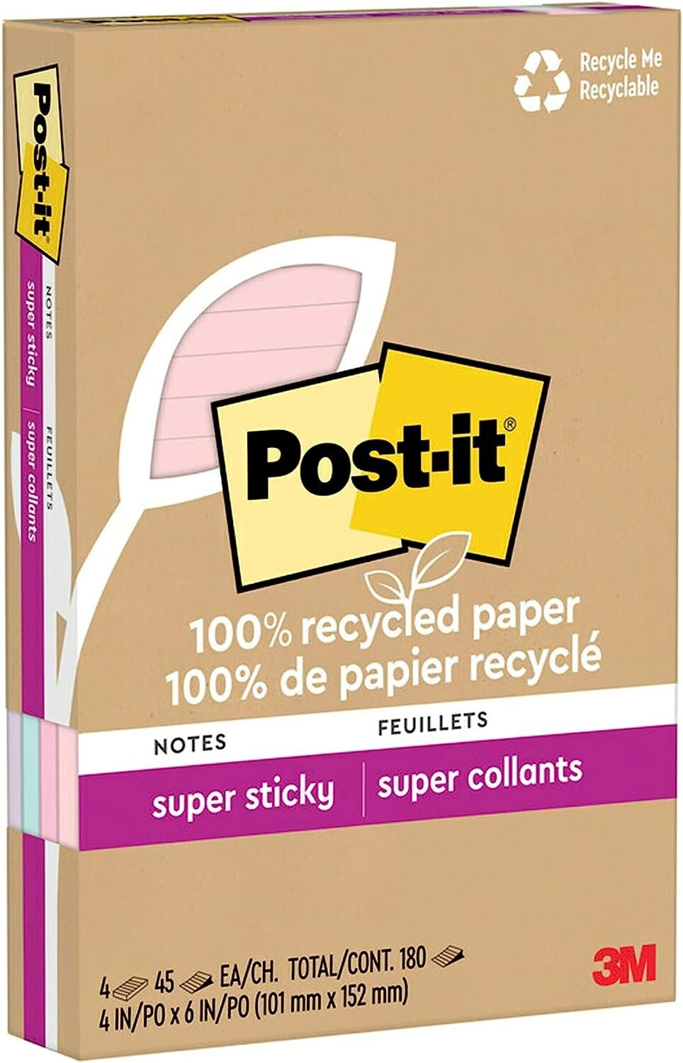 Post-it 100% Recycled Paper Super Sticky Notes, 4×6 in, 45 Sheets – 2 Pack