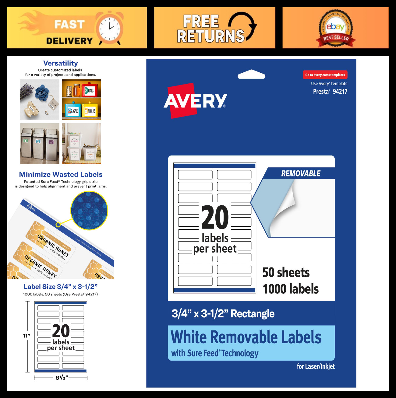 Matte White Removable Rectangle Labels, 0.75″ x 3.5″, 1,000 Pack, Print-to-The-E